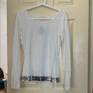 Express White Long Sleeve Top with Silver Sequin Detail